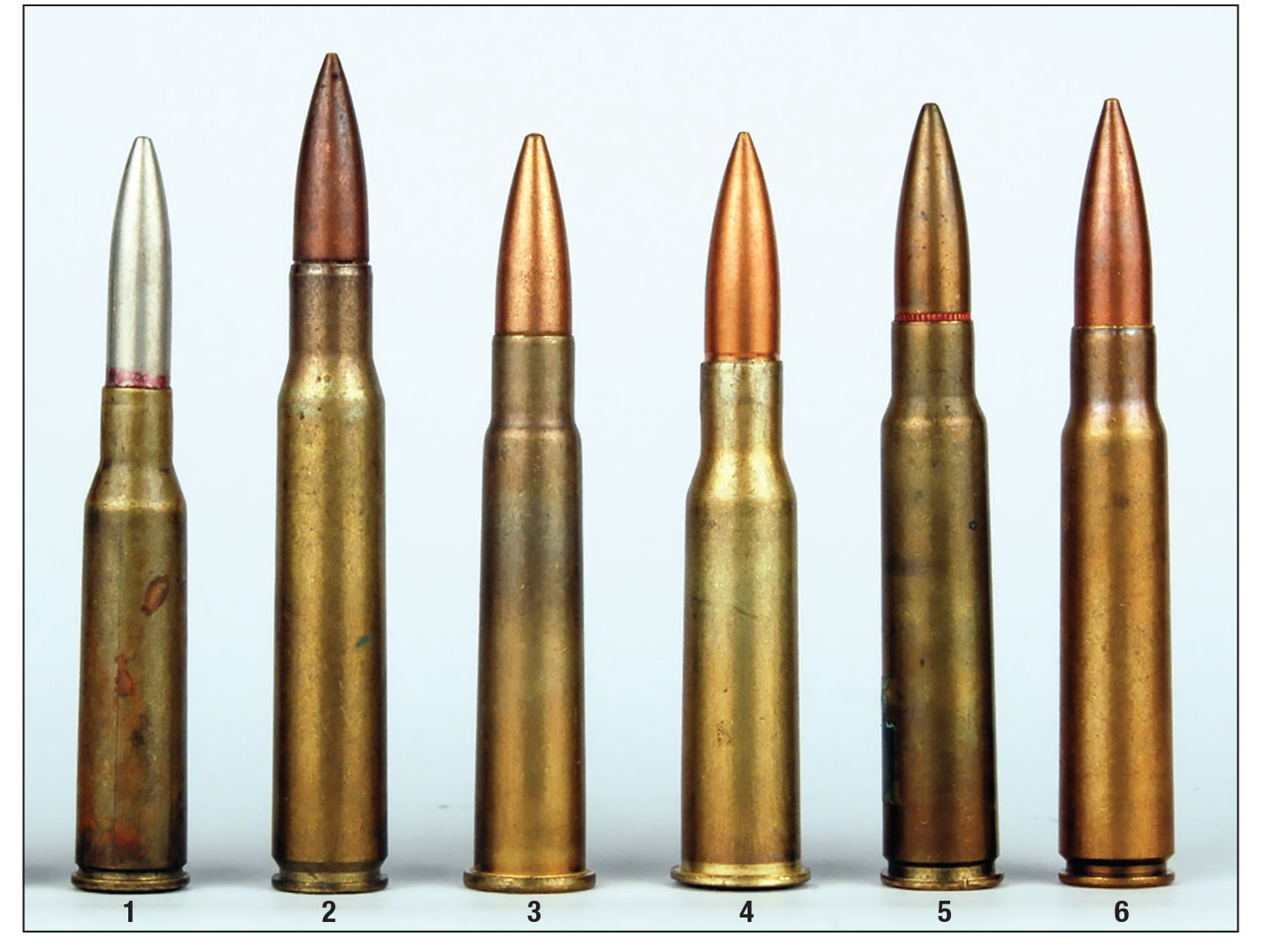 The (1) 6.5mm Japanese round used in Type 38/97s is shown with other nations’ World War II basic infantry cartridges: (2) U.S. 30-06, (3) British 303, (4) Soviet Union 7.62x54mm, (5) Japanese 7.7x58mm and (6) German 7.9x57mm.